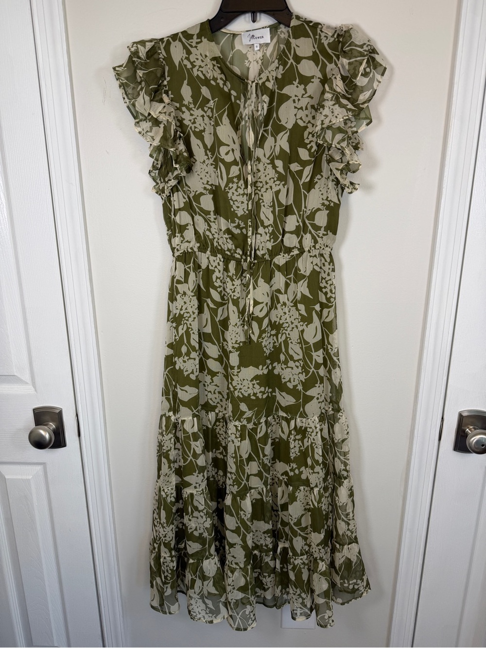 J. Flower Olive Green Floral Ruffle Tiered Maxi Dress Size S Cottagecore